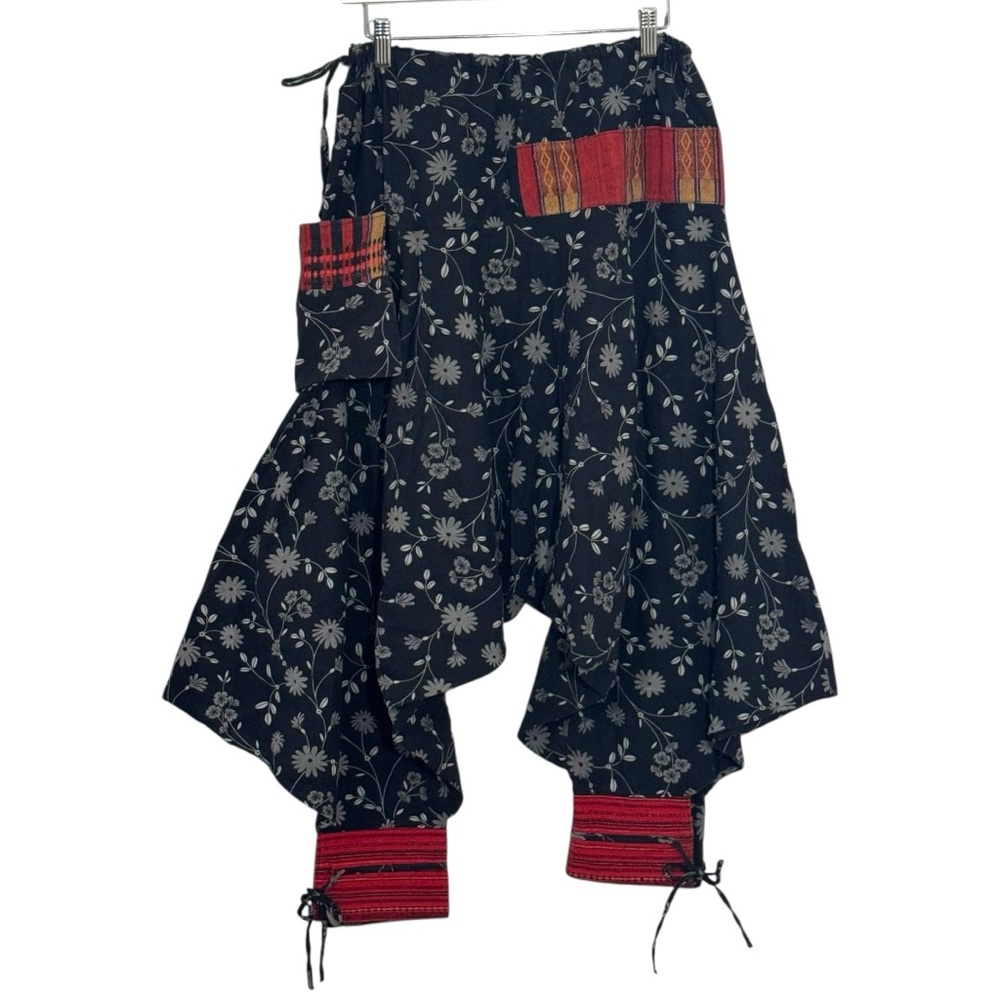 Harem Drop Crotch Thai Pants Black Floral Size Medium Gypsy Hippie Aladdin Hmong - Picture 2 of 11